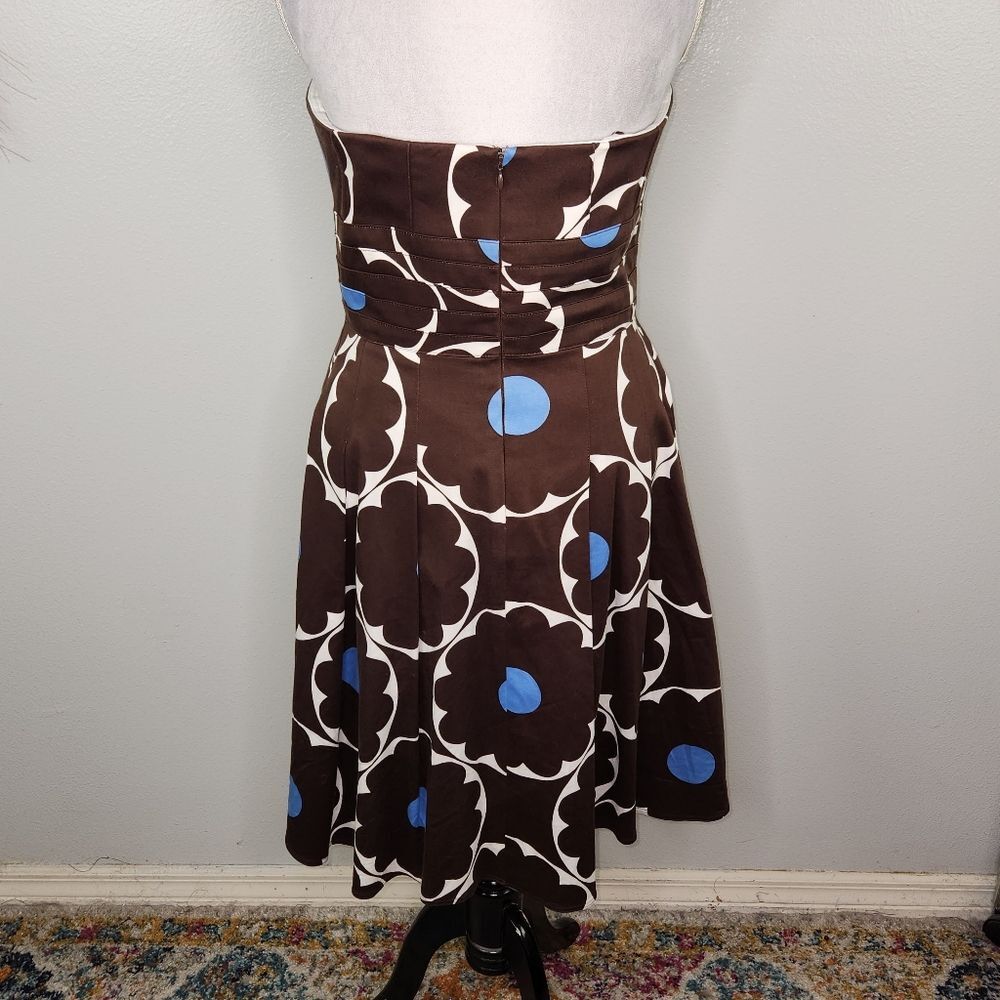 VTG Kay Unger Brown & Blue Polka Dot Strapless Fit & Flare Pleated Hem Dress 12 - Picture 8 of 15